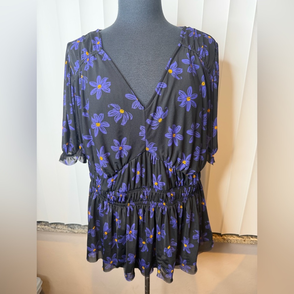 Ava & Viv Black Purple Floral Peasant Blouse Woman Plus XXL